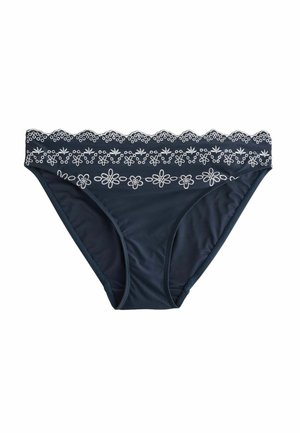 Granatowe dół bikini z białym kwiatowym haftem i falistymi krawędziami wzdłuż talii.