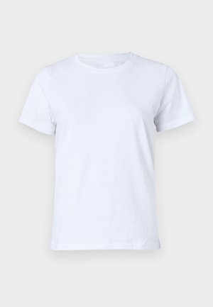 Hvit bomulls T-skjorte, kort erm, klassisk rund hals-design, ensfarget uten mønstre eller detaljer, standard passform, enkel og allsidig.