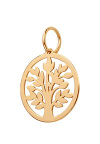 Złoty wisior z motywem drzewa wyciętym w owalnej ramce, charakteryzujący się gładkimi powierzchniami i polerowanym wykończeniem.