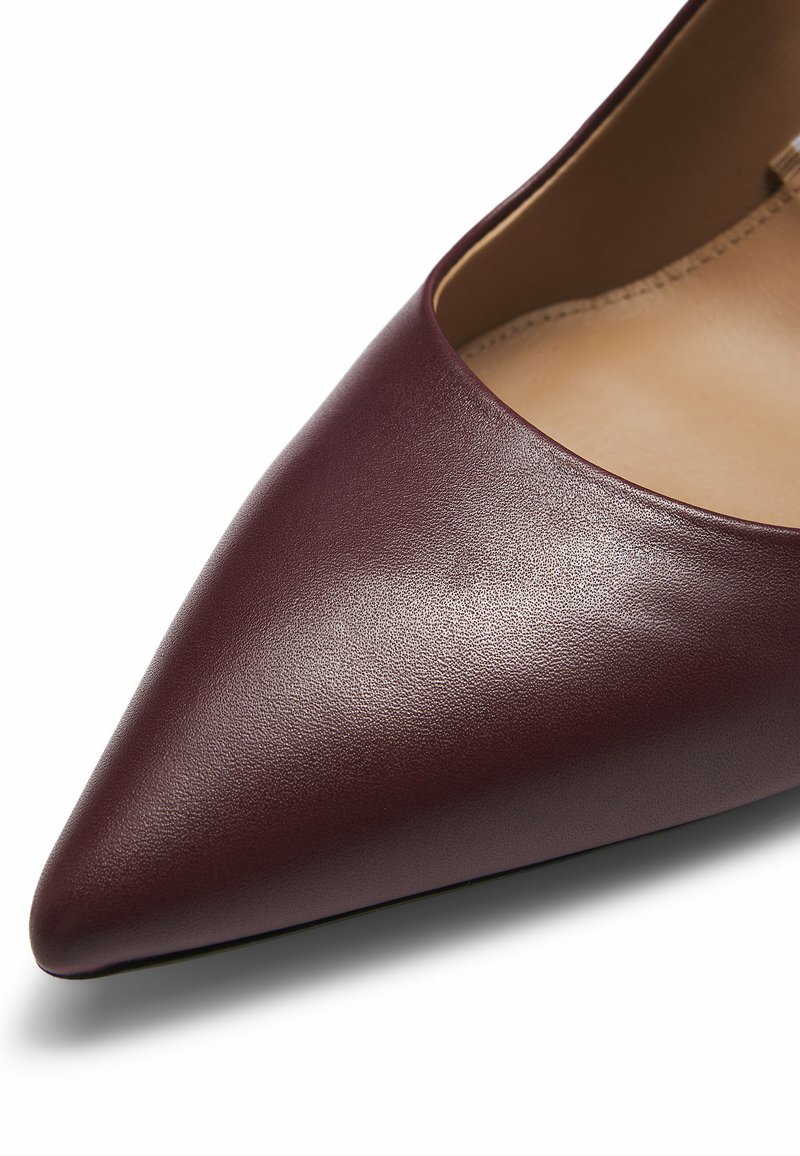 Scarpa in pelle bordeaux con punta affusolata, dalla texture liscia e design minimalista. Presenta un vamp basso e una silhouette elegante.