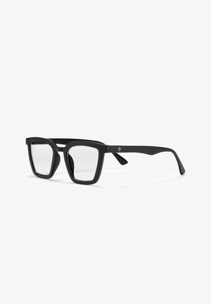 Black rectangular frame glasses with clear lenses, featuring a matte finish and subtle logo detail on the temple.