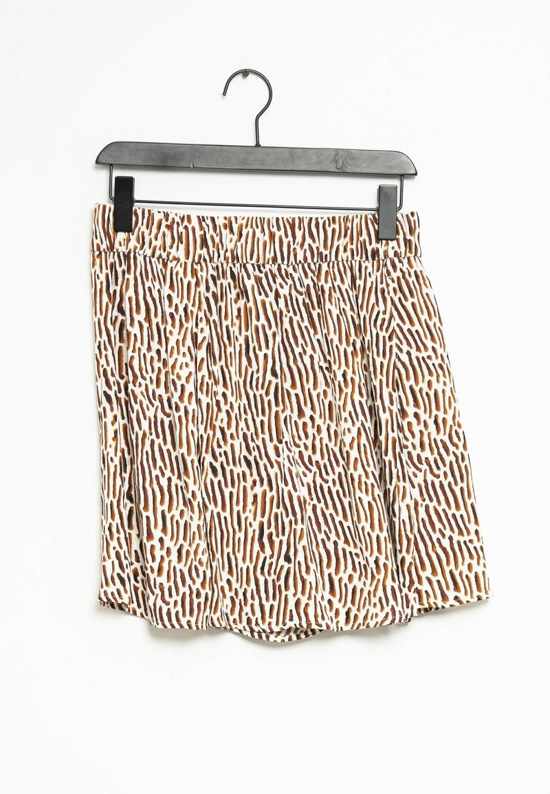 Pantaloni corti a motivo marrone e bianco con vita elastica, caratterizzati da un design fluido e orlo rotondo. Realizzati in tessuto leggero.