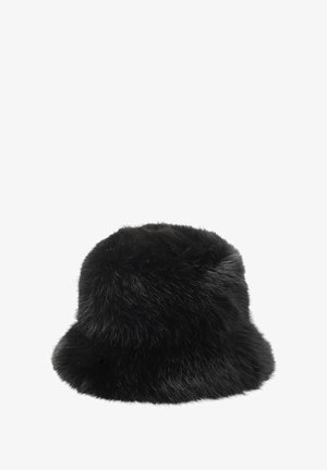 Sort faux fur bucket hat med en blød, luksuriøs tekstur. Rund form med en bred, fleksibel skygge. Ensartet farvefordeling og ingen synlige mønstre.