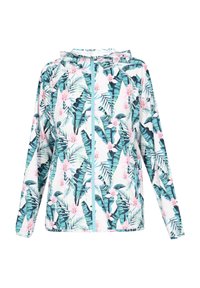 Letvægts zip-jakke med et blomster- og bladmønster i grøn, pink og blå, med hætte og elastiske manchetter.