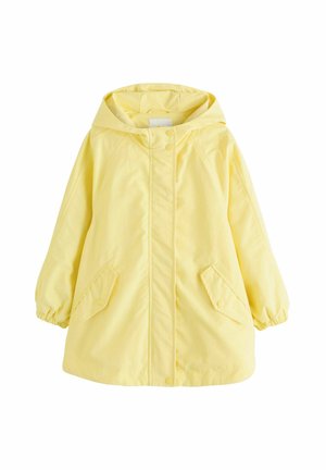 Żółta peleryna przeciwdeszczowa z kapturem, zatrzaskami, elastycznymi mankietami i dwoma kieszeniami z patkami z przodu.