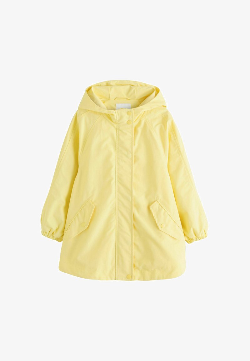 Žltý kapucňový pršiplášť so zapínaním na cvoky, elastickými manžetami a dvoma prepínacími vreckami vpredu.