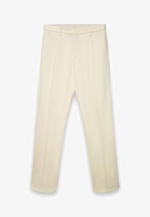 Beige, maßgeschneiderte Hose aus glattem Stoff, mit flachem Vorderteil, Gürtelschlaufen und geraden Beinen mit leichtem Glanz.