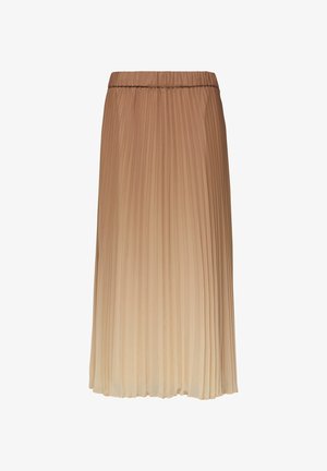 Lichtbruine geplooide rok met een elastische tailleband, tot op de knie, gemaakt van lichtgewicht stof.