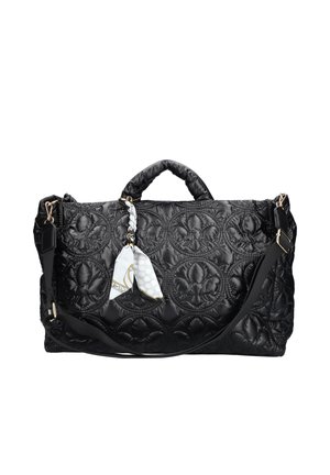 Schwarze gesteppte Handtasche mit gestickten Blumenmustern, einem oberen Griff und einem abnehmbaren Riemen. Verfügt über ein dekoratives Schal, der an der Hardware befestigt ist.