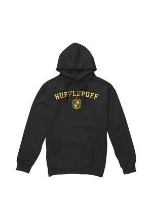 Black hoodie with yellow "HUFFLEPUFF" text and Hufflepuff house crest in the center, featuring lion emblem and decorative design.