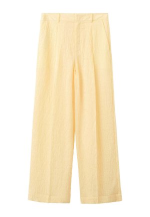 Pantalones de talle alto y pierna ancha en tela amarillo pálido con trabillas para cinturón y bolsillos laterales, diseñados para un ajuste relajado.