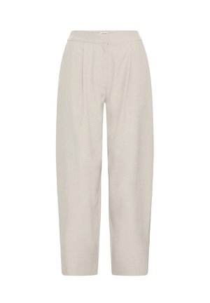 Svijetlosive, visokog struka, hlače s naborima i širokim nogavicama. Izrađene od teksturirane tkanine, imaju glatki pojas.