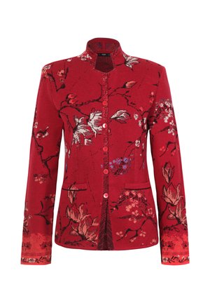 Rød cardigan med høj krave, blomsterdesign i nuancer af pink og blå, knappelukning foran og to lommer ved taljen.