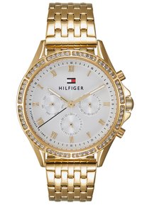 Montre dorée avec un cadran argenté texturé, des index de chiffres romains, trois sous-cadrans et des accents en cristal sur la lunette. Bracelet en maillons métalliques.