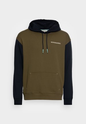 Olive green and navy blue hooded sweatshirt with kangaroo pocket, ribbed cuffs, and drawstrings with teal tips. Features logo on front.