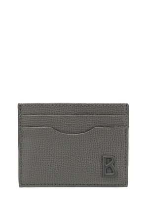 Grauem Leder-Kartenhalter mit strukturierten Oberfläche, vier Kartenfächern und einer geprägten Buchstaben "B" auf der Vorderseite. Kompakte rechteckige Form.