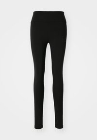 Leggings negre din material elastic, cu talie înaltă și un logo discret cu cristale pe partea stângă.