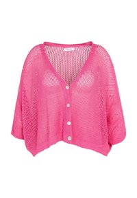 Rosa, kort, öppenstickad cardigan med V-hals, korta ärmar och fyra vita knappar framtill. Mjuk textur och lös passform.