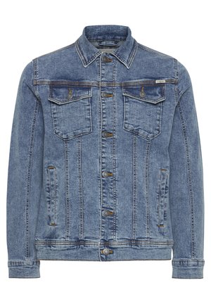 Lyseblå denimjakke med klassisk krave, to brystlommer, knaplukning og sidelommer. Har et falmet udseende og kontraststing.