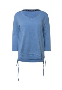 Maglia azzurro chiaro a maniche lunghe con scollatura a V, orlo con cordoncino e lacci laterali; realizzata in tessuto morbido e testurizzato con vestibilità comoda.