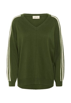 Groene V-hals trui met lange mouwen, voorzien van witte strepen langs de zijkanten, ontworpen met een relaxte pasvorm en een zachte textuur.