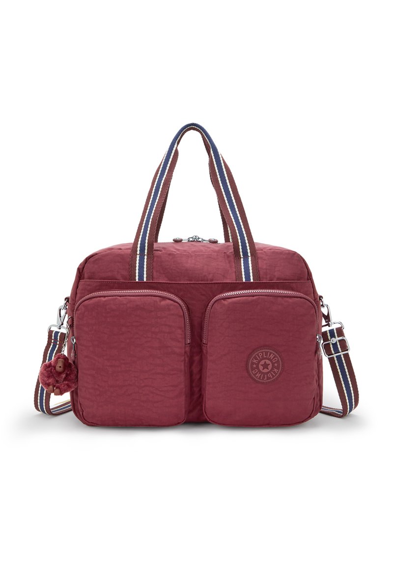 Rote Nylon-Tasche mit zwei Fronttaschen, strukturiertem Finish, doppelten Griffen und einem gestreiften, verstellbaren Schulterriemen. Mit einem Schlüsselanhänger-Affen.