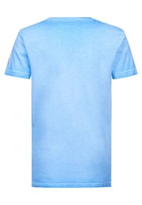 Ljusblå bomullströja med rund halsringning, korta ärmar och en subtil blekt struktur. Inga synliga logotyper eller grafik.