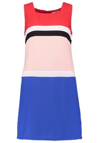 Šaty bez rukávů s designem v blokových barvách zahrnující červenou, růžovou, černou, bílou a modrou sekci; hladká tkanina a kulatý výstřih.
