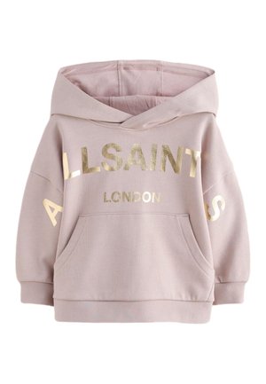 Lyserød hættetrøje til små børn med guld "ALLSAINTS LONDON" tekst, front kængurulomme, ribstrikkede ærmeafslutninger og hætte.