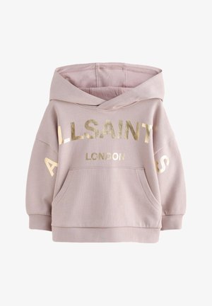 Lyserød hættetrøje til små børn med guld "ALLSAINTS LONDON" tekst, front kængurulomme, ribstrikkede ærmeafslutninger og hætte.