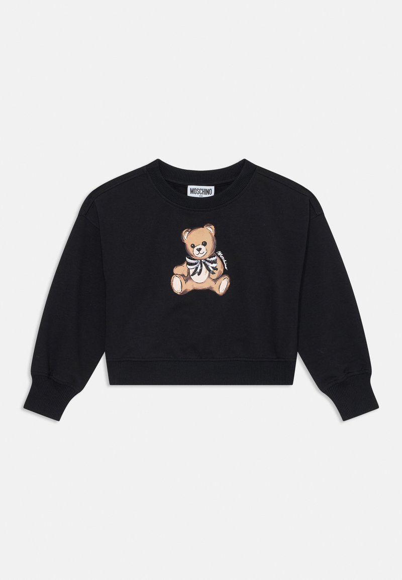 Melnas īsās piedurknes džemperis, kas izgatavots no mīkstas auduma, ar centrālo teddy lāča grafiku un svītrainu tauriņu. Rievojumi pie piedurknēm un apkakles.