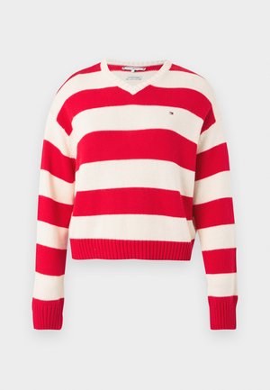 Suéter a rayas rojas y blancas con cuello en V, mangas largas, puños y dobladillo acanalados, hecho de un tejido de punto suave. Pequeño logo en el pecho.