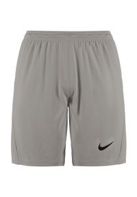 Shorts de sport gris clair avec taille élastique et logo Nike noir en bas à gauche de la jambe, vue de face.