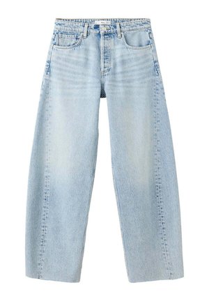 Jeans in denim azzurro chiaro a gamba dritta con tasche frontali, passanti per cintura e chiusura con bottone e cerniera in vita.