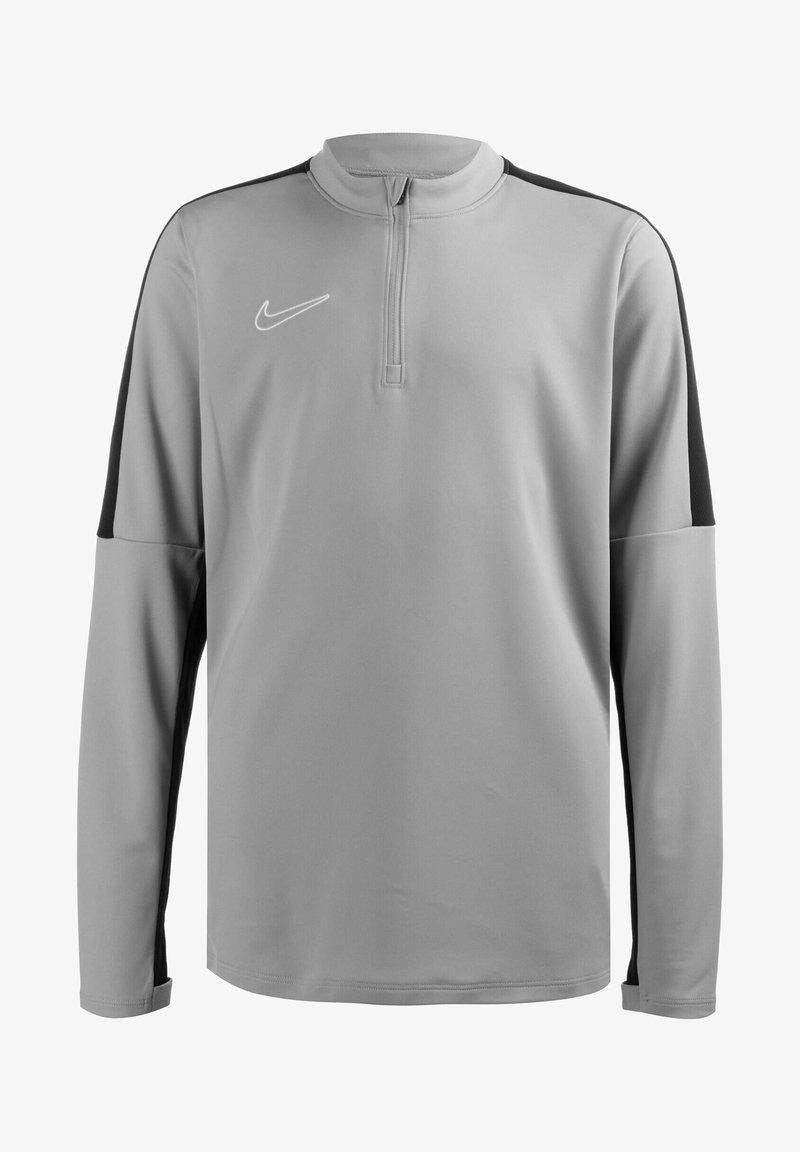 Hellgraues, langärmliges Sportoberteil mit einem Viertel-Reißverschluss-Design, schwarzen Seitenpaneelen und einem kleinen weißen Logo auf der Brust. Glattes Material.