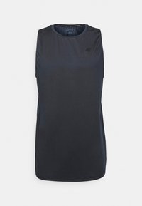 Haut de training sans manches bleu marine en tissu léger et lisse. Présente un col rond et un logo discret à l'avant.