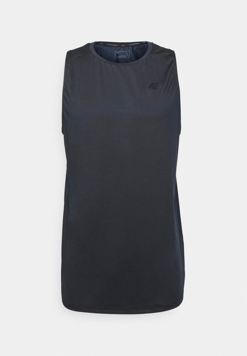 Haut de training sans manches bleu marine en tissu léger et lisse. Présente un col rond et un logo discret à l'avant.