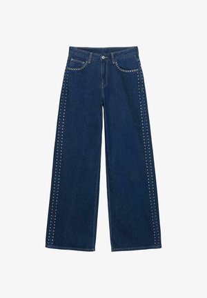 Weit geschnittene Jeans aus dunkelblauem Denim mit silbernen Nieten entlang der Seitennähte. Klassisches Fünf-Taschen-Design mit vorderer Knopfverschluss.