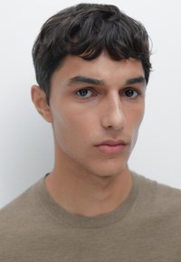 En brun, rundhalsad, kortärmad skjorta bärs av en person med kort, vågigt mörkt hår och neutral bakgrund. Närbild av ansikte och hals.