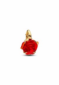 Pendente a forma di rosa rossa realizzato in resina traslucida, racchiuso in dettagli metallici color oro. Presenta un design a spirale sui petali della rosa.