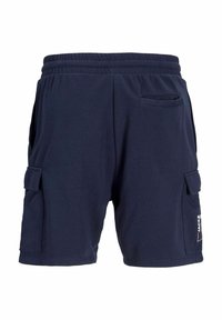 Marineblaue Cargo-Shorts mit elastischem Bund, seitlichen Taschen und einer Gesäßtasche. Hergestellt aus weichem Stoff mit glatter Textur.
