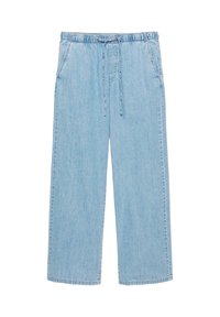 Pantalon denim bleu clair à jambes larges avec taille élastique et cordon, avec poches latérales et ourlets droits.