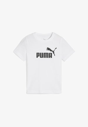 Camiseta blanca de algodón con mangas cortas, que presenta un gran logotipo negro de "PUMA" y un gráfico de un puma saltando encima del texto.