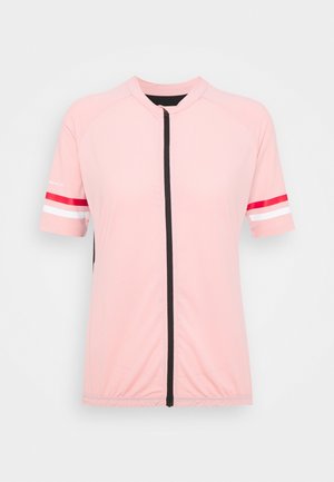 Maillot de ciclismo rosa con cremallera negra, mangas cortas y franjas rojas y blancas en las mangas. Hecho de material texturizado y transpirable.