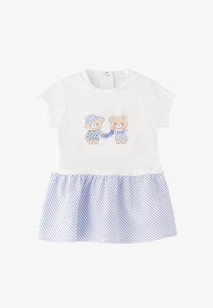 Vestito bianco per neonati con maniche corte, gonna a righe blu e bianche e due orsetti che tengono fiori stampati sul davanti.