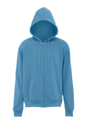 Jasnoniebieska bluza z kapturem na zamek błyskawiczny z przednimi kieszeniami, kapturem z regulowanym troczkiem oraz ściągaczami na mankietach i u dołu, na białym tle.