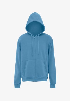 Felpa con cappuccio azzurro chiaro con zip, tasche frontali, cappuccio con coulisse e polsini e orlo a coste su sfondo bianco.