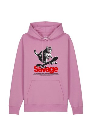 Pink hoodie with a cat riding a skateboard graphic above the word "Savage" in bold red letters and small motivational text below.
