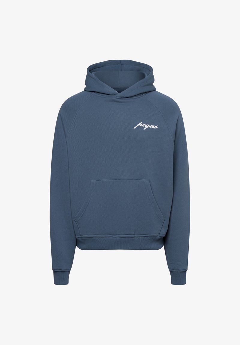 Felpa con cappuccio blu scuro, dotata di tasca frontale e testo ricamato bianco. Tessuto morbido con polsini e orlo a coste.