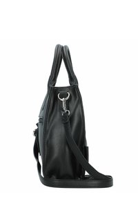 Borsa a mano in pelle nera con doppi manici e tracolla staccabile, mostrata in vista laterale su sfondo bianco.